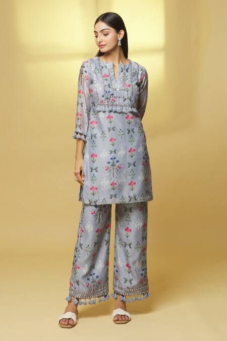Buy Kalakaari By Sagarika Grey Chanderi Tassels, Mirrors Split V-neck Flower Bloom Print Kurta With Pant Online at Aza Fashions Buy_Kalakaari By Sagarika_Grey Chanderi Tassels, Mirrors Split V-neck Flower Bloom Print Kurta With Pant _Online_at_Aza_Fashions
