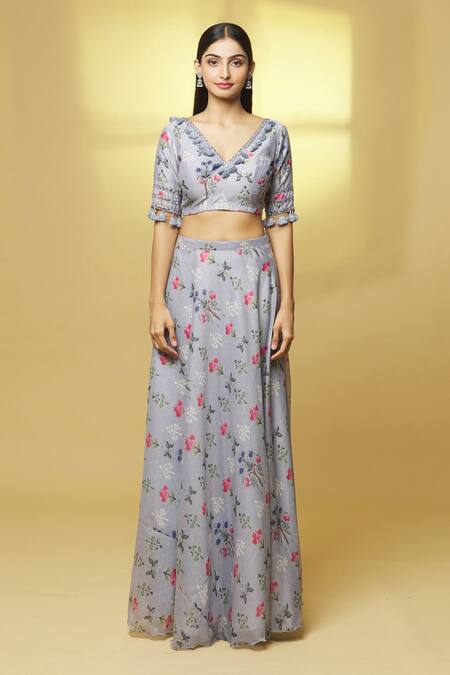 Kalakaari By Sagarika Grey Chanderi Tassels, Mirrors V-neck Flower Bouquet Print Lehenga Set at Aza Fashions Kalakaari By Sagarika_Grey Chanderi Tassels, Mirrors V-neck Flower Bouquet Print Lehenga Set _at_Aza_Fashions