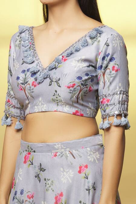 Kalakaari By Sagarika Grey Chanderi Tassels, Mirrors V-neck Flower Bouquet Print Lehenga Set Online at Aza Fashions Kalakaari By Sagarika_Grey Chanderi Tassels, Mirrors V-neck Flower Bouquet Print Lehenga Set _Online_at_Aza_Fashions