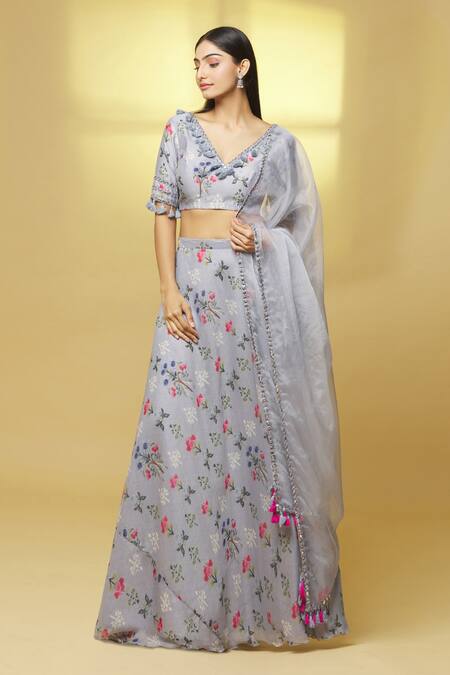Shop Kalakaari By Sagarika Grey Chanderi Tassels, Mirrors V-neck Flower Bouquet Print Lehenga Set Online at Aza Fashions Shop_Kalakaari By Sagarika_Grey Chanderi Tassels, Mirrors V-neck Flower Bouquet Print Lehenga Set _Online_at_Aza_Fashions
