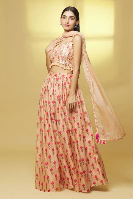 Buy Kalakaari By Sagarika Peach Chanderi Tassels, Mirrors Sweetheart Blooming Flower Print Lehenga Set Online at Aza Fashions Buy_Kalakaari By Sagarika_Peach Chanderi Tassels, Mirrors Sweetheart Blooming Flower Print Lehenga Set _Online_at_Aza_Fashions