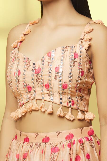 Shop Kalakaari By Sagarika Peach Chanderi Tassels, Mirrors Sweetheart Blooming Flower Print Lehenga Set Online at Aza Fashions Shop_Kalakaari By Sagarika_Peach Chanderi Tassels, Mirrors Sweetheart Blooming Flower Print Lehenga Set _Online_at_Aza_Fashions