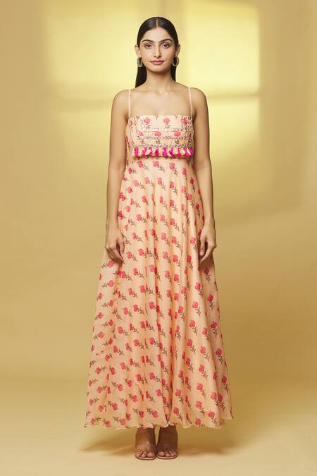 Kalakaari By Sagarika Peach Chanderi Tassels, Mirrors Square Neck Flower Bouquet Print Gown at Aza Fashions Kalakaari By Sagarika_Peach Chanderi Tassels, Mirrors Square Neck Flower Bouquet Print Gown _at_Aza_Fashions