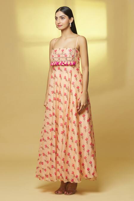 Kalakaari By Sagarika Peach Chanderi Tassels, Mirrors Square Neck Flower Bouquet Print Gown Online at Aza Fashions Kalakaari By Sagarika_Peach Chanderi Tassels, Mirrors Square Neck Flower Bouquet Print Gown _Online_at_Aza_Fashions