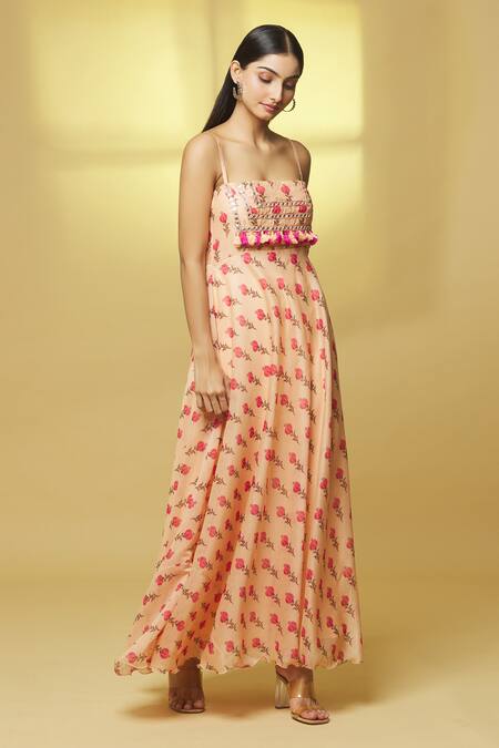 Shop Kalakaari By Sagarika Peach Chanderi Tassels, Mirrors Square Neck Flower Bouquet Print Gown Online at Aza Fashions Shop_Kalakaari By Sagarika_Peach Chanderi Tassels, Mirrors Square Neck Flower Bouquet Print Gown _Online_at_Aza_Fashions