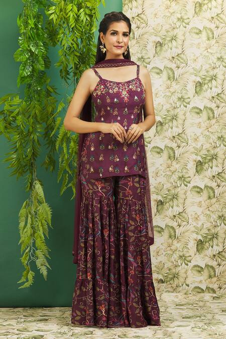 Alaya Advani_Wine Dupion Silk Floral, Sequin, Thread Scoop Neck Printed Peplum Kurta Set_at_Aza_Fashions