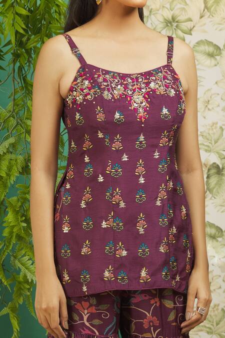 Buy_Alaya Advani_Wine Dupion Silk Floral, Sequin, Thread Scoop Neck Printed Peplum Kurta Set