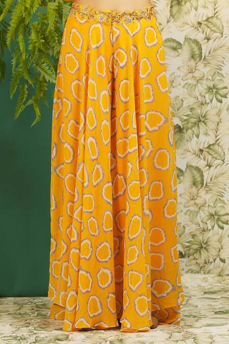 Shop_Alaya Advani_Yellow Georgette Abstract, Sequin V Neck Print Top And Palazzo Set