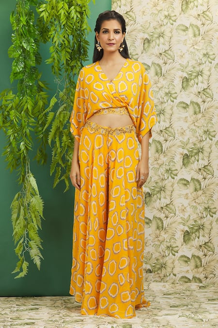 Alaya Advani_Yellow Georgette Abstract, Sequin V Neck Print Top And Palazzo Set_Online_at_Aza_Fashions