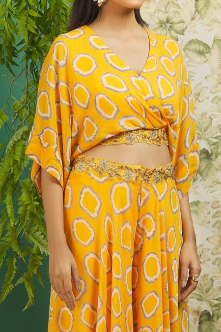 Alaya Advani_Yellow Georgette Abstract, Sequin V Neck Print Top And Palazzo Set_at_Aza_Fashions