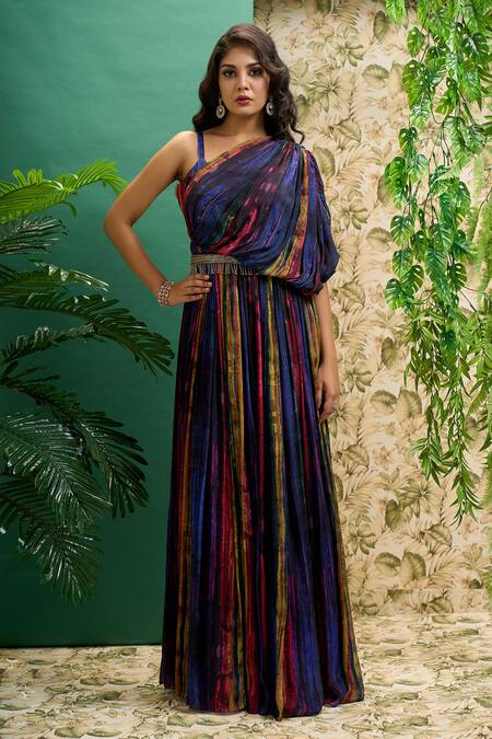 Samyukta Singhania_Blue Chiffon Bows, Tassels Asymmetric Draped Gown With Belt_Online_at_Aza_Fashions