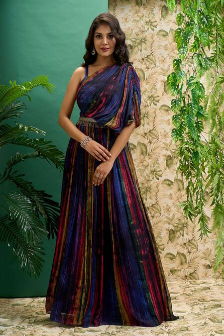 Buy_Samyukta Singhania_Blue Chiffon Bows, Tassels Asymmetric Draped Gown With Belt_Online_at_Aza_Fashions