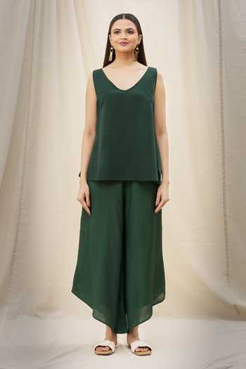 Khwaab By Sanjana Lakhani_Green Sequin Collar Embellished Tunic And Wide Leg Pant Set _Online_at_Aza_Fashions