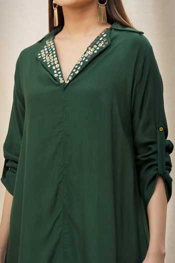 Buy_Khwaab By Sanjana Lakhani_Green Sequin Collar Embellished Tunic And Wide Leg Pant Set _Online_at_Aza_Fashions