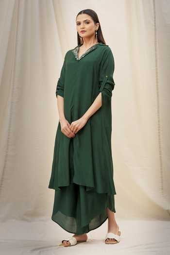 Shop_Khwaab By Sanjana Lakhani_Green Sequin Collar Embellished Tunic And Wide Leg Pant Set _Online_at_Aza_Fashions