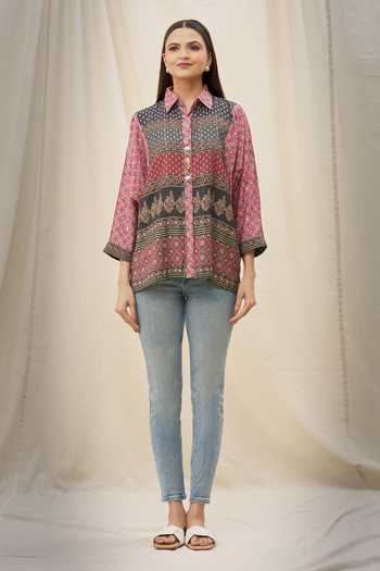 Khwaab By Sanjana Lakhani_Black Muslin And Embellishment Geometric & Floral Spread Collar Shirt_Online_at_Aza_Fashions