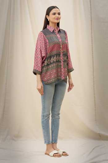 Buy_Khwaab By Sanjana Lakhani_Black Muslin And Embellishment Geometric & Floral Spread Collar Shirt_Online_at_Aza_Fashions