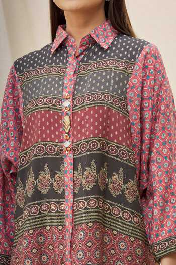 Shop_Khwaab By Sanjana Lakhani_Black Muslin And Embellishment Geometric & Floral Spread Collar Shirt_Online_at_Aza_Fashions