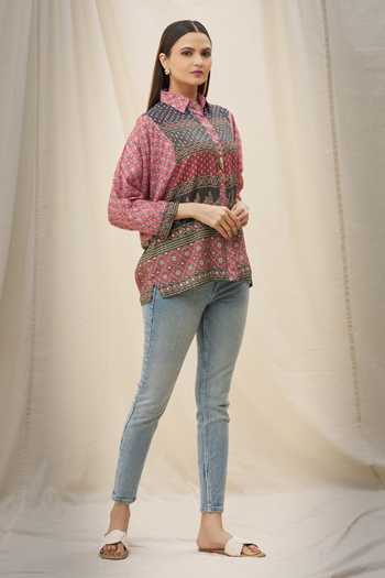 Khwaab By Sanjana Lakhani_Black Muslin And Embellishment Geometric & Floral Spread Collar Shirt_at_Aza_Fashions