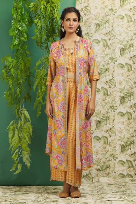Buy Samyukta Singhania Yellow Muslin Sequins, Embroidery Mandarin Collar Floral Print Jacket And Pant Set Online at Aza Fashions Buy_Samyukta Singhania_Yellow Muslin Sequins, Embroidery Mandarin Collar Floral Print Jacket And Pant Set_Online_at_Aza_Fashions