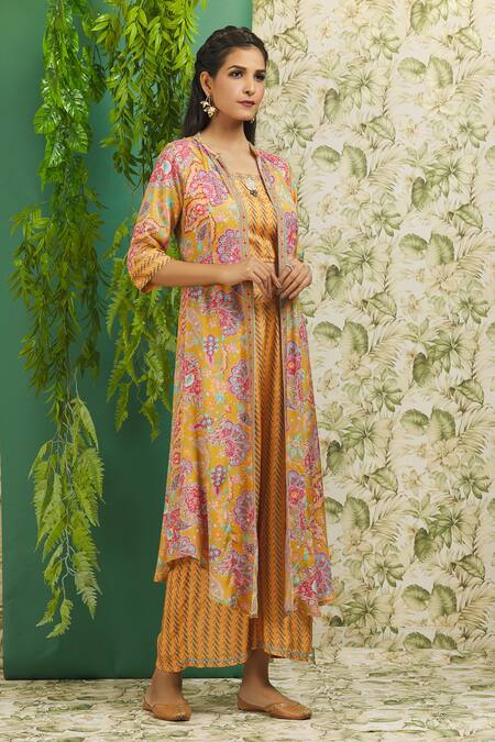 Shop Samyukta Singhania Yellow Muslin Sequins, Embroidery Mandarin Collar Floral Print Jacket And Pant Set Online at Aza Fashions Shop_Samyukta Singhania_Yellow Muslin Sequins, Embroidery Mandarin Collar Floral Print Jacket And Pant Set_Online_at_Aza_Fashions