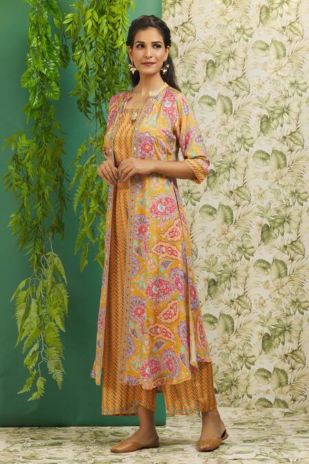 Samyukta Singhania Yellow Muslin Sequins, Embroidery Mandarin Collar Floral Print Jacket And Pant Set at Aza Fashions Samyukta Singhania_Yellow Muslin Sequins, Embroidery Mandarin Collar Floral Print Jacket And Pant Set_at_Aza_Fashions