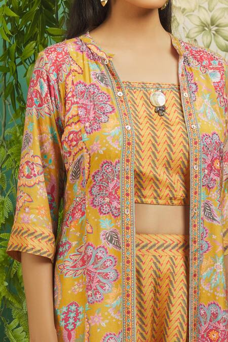 Shop Samyukta Singhania Yellow Muslin Sequins, Embroidery Mandarin Collar Floral Print Jacket And Pant Set Shop_Samyukta Singhania_Yellow Muslin Sequins, Embroidery Mandarin Collar Floral Print Jacket And Pant Set