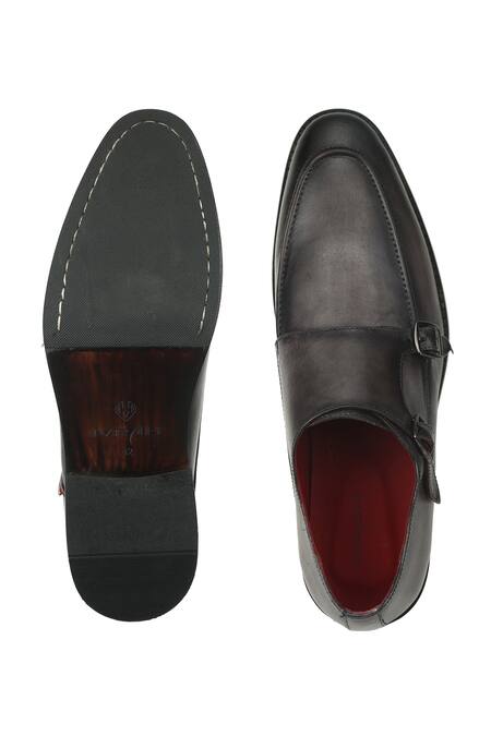 Buy_Ivrah_Gray Grey Leather Dual Buckle Slip Ons_Online_at_Aza_Fashions