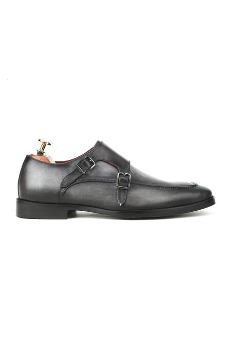 Shop_Ivrah_Gray Grey Leather Dual Buckle Slip Ons_Online_at_Aza_Fashions