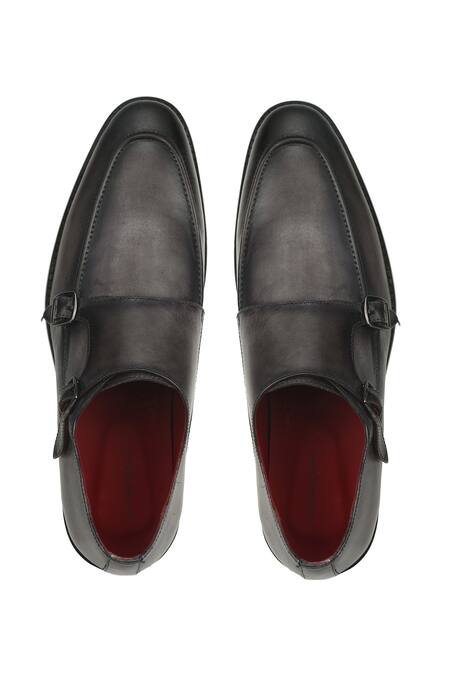 Ivrah_Gray Grey Leather Dual Buckle Slip Ons_at_Aza_Fashions