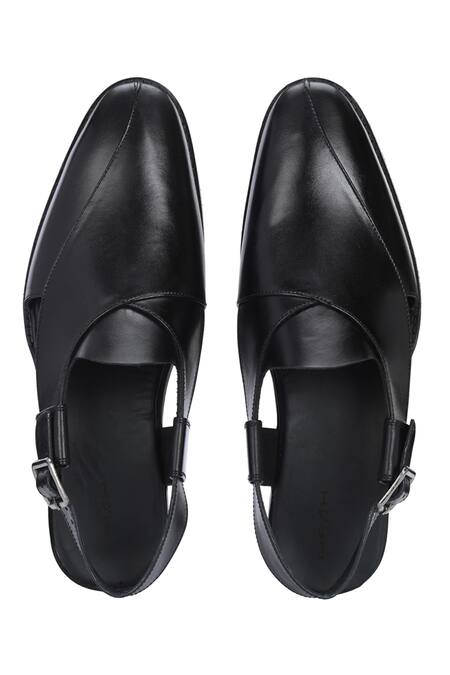 Buy_Ivrah_Black Leather Naga Overlap Sandals 