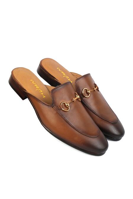 Ivrah_Brown Robert Horseshoe Buckle Mules_Online_at_Aza_Fashions