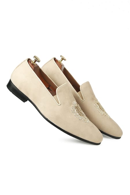 Ivrah Beige Zardosi Embroidered Slip Ons 