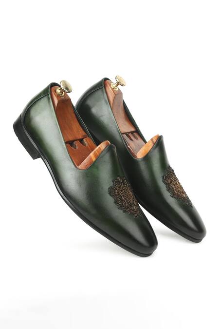 Shop_Ivrah_Green Olive Zardosi Embroidered Slip Ons_at_Aza_Fashions