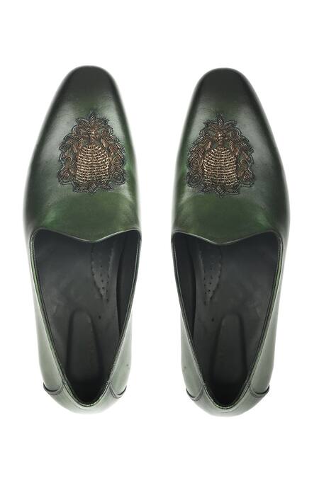 Buy_Ivrah_Green Olive Zardosi Embroidered Slip Ons_Online_at_Aza_Fashions