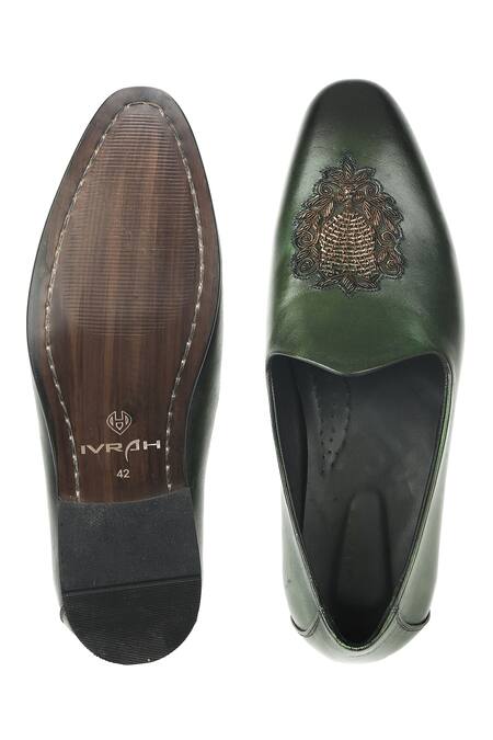 Shop_Ivrah_Green Olive Zardosi Embroidered Slip Ons_Online_at_Aza_Fashions