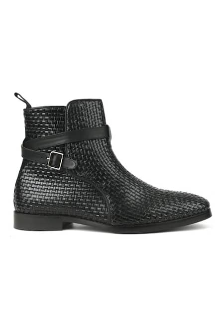 Ivrah_Black Vega Basket Weave Single Strap Boots_Online_at_Aza_Fashions
