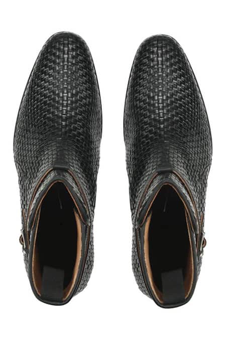 Shop_Ivrah_Black Vega Basket Weave Single Strap Boots_Online_at_Aza_Fashions