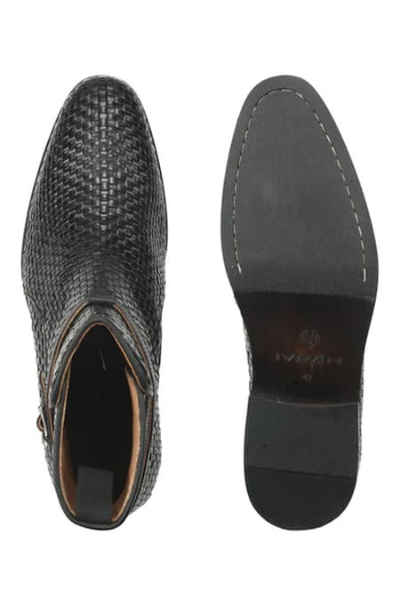 Ivrah_Black Vega Basket Weave Single Strap Boots_at_Aza_Fashions