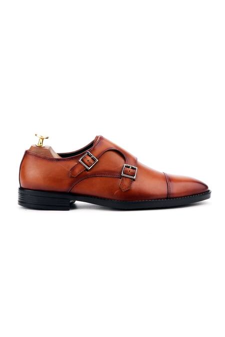 Ivrah_Brown Anzio Monk Double Strap Leather Shoes_Online_at_Aza_Fashions
