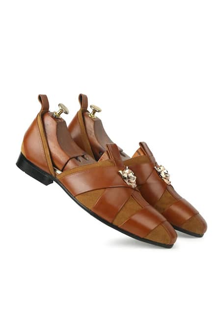 Shop Ivrah Brown Tan Applique Almond Toe Shoes at Aza Fashions Shop_Ivrah_Brown Tan Applique Almond Toe Shoes_at_Aza_Fashions