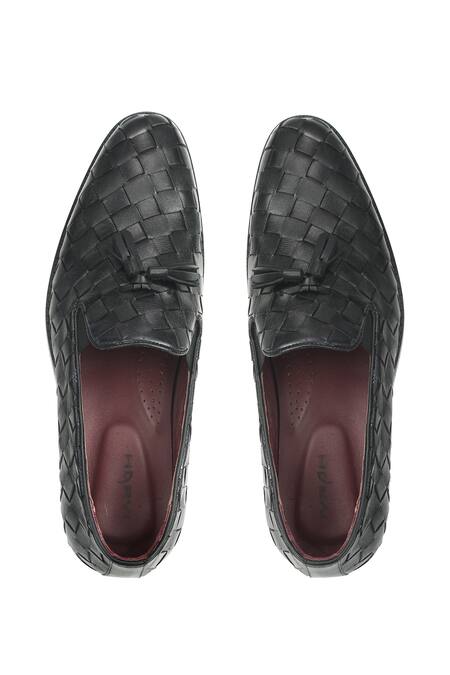 Shop_Ivrah_Black Tassels Falcon Basketweave Textured Shoes_Online_at_Aza_Fashions