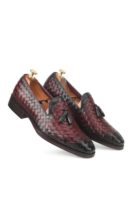 Shop_Ivrah_Brown Bordo Basketweave Slip On Shoes_at_Aza_Fashions