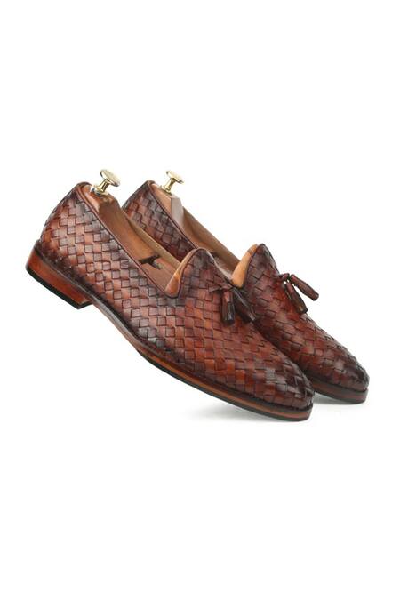 Shop Ivrah Brown Cognac Basketweave Slip On Shoes at Aza Fashions Shop_Ivrah_Brown Cognac Basketweave Slip On Shoes_at_Aza_Fashions