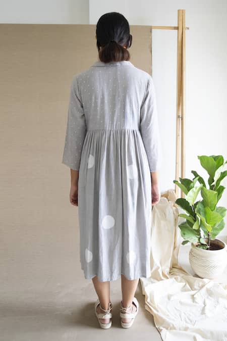 Shop_Merakus_Grey Cotton Collared Polka Dot Print Bodice Dress _at_Aza_Fashions