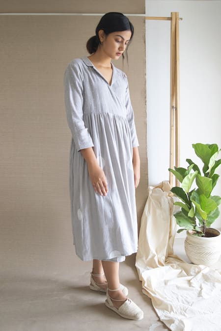 Merakus_Grey Cotton Collared Polka Dot Print Bodice Dress _Online_at_Aza_Fashions