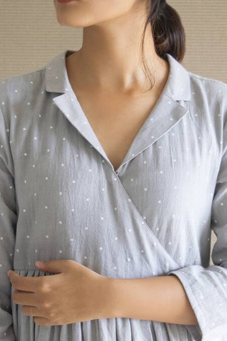 Buy_Merakus_Grey Cotton Collared Polka Dot Print Bodice Dress _Online_at_Aza_Fashions