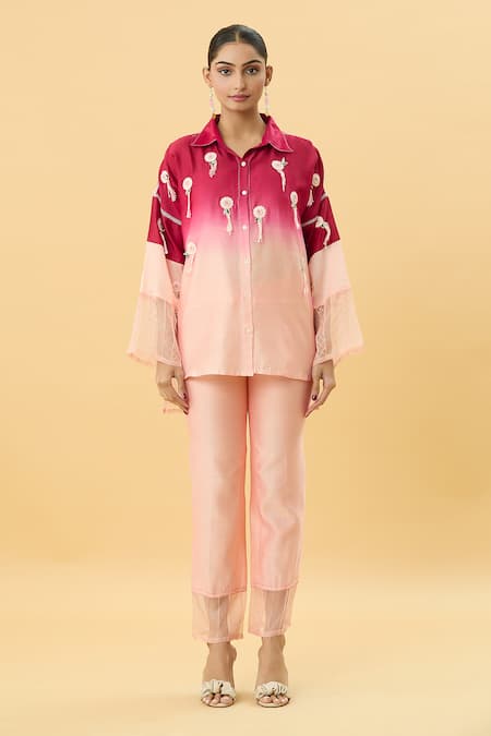 Buy_Mukta Sabharwal_Red Chanderi Silk, Cotton Tassels, Embroidery Florence Ombre Shirt Pant Set _Online_at_Aza_Fashions