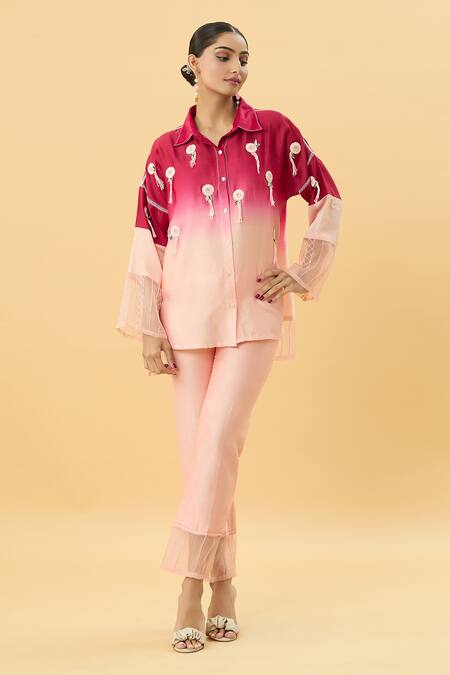 Shop_Mukta Sabharwal_Red Chanderi Silk, Cotton Tassels, Embroidery Florence Ombre Shirt Pant Set _Online_at_Aza_Fashions