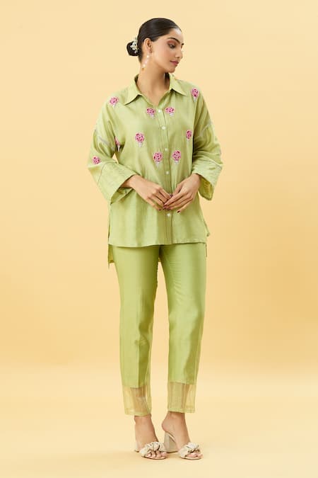 Mukta Sabharwal Green Chanderi Silk Lining Cotton Embroidery Floret Tassel Shirt With Pant Online at Aza Fashions Mukta Sabharwal_Green Chanderi Silk Lining Cotton Embroidery Floret Tassel Shirt With Pant _Online_at_Aza_Fashions
